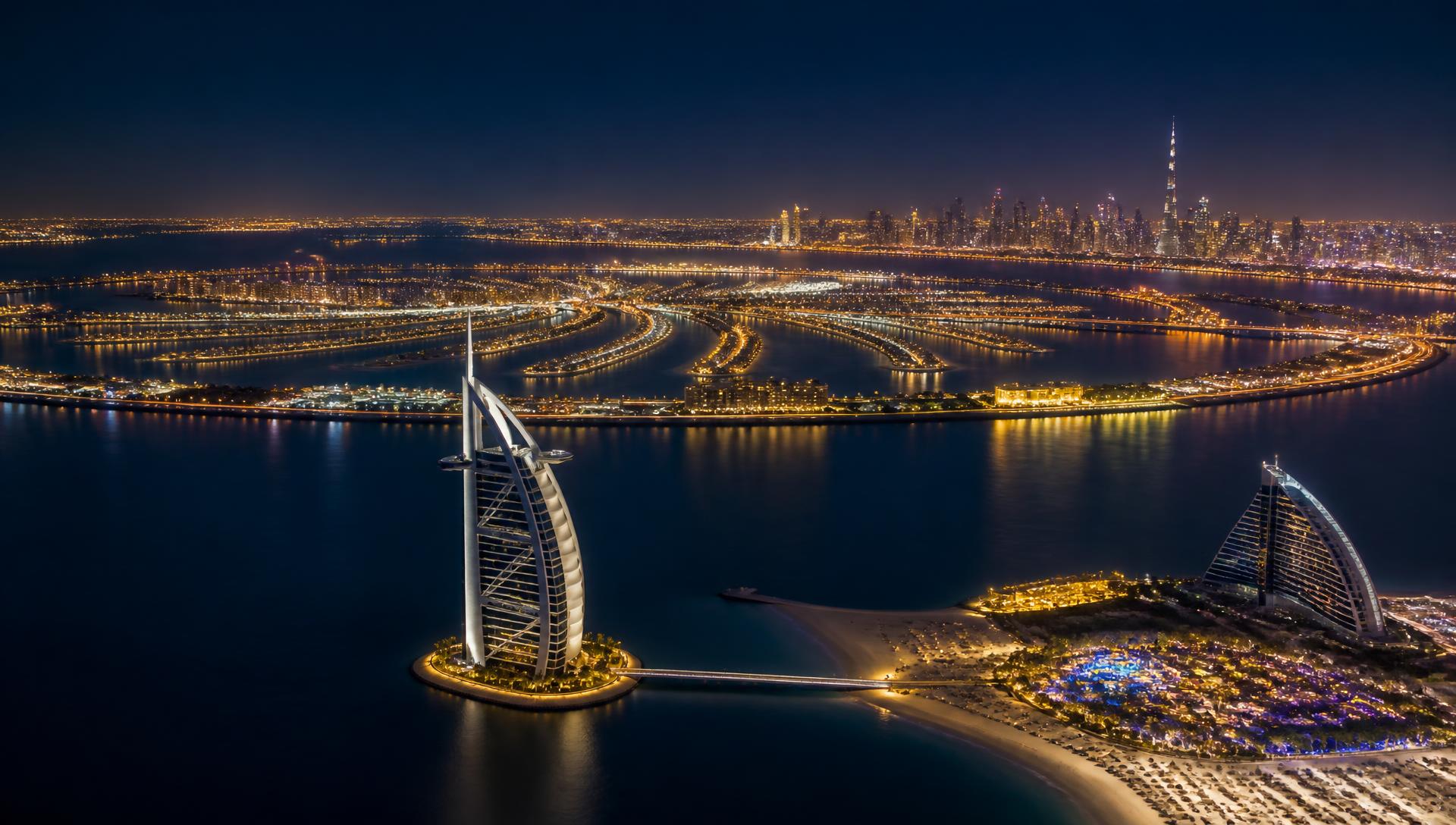 Dubai skyline at night with the Palm Jumeirah